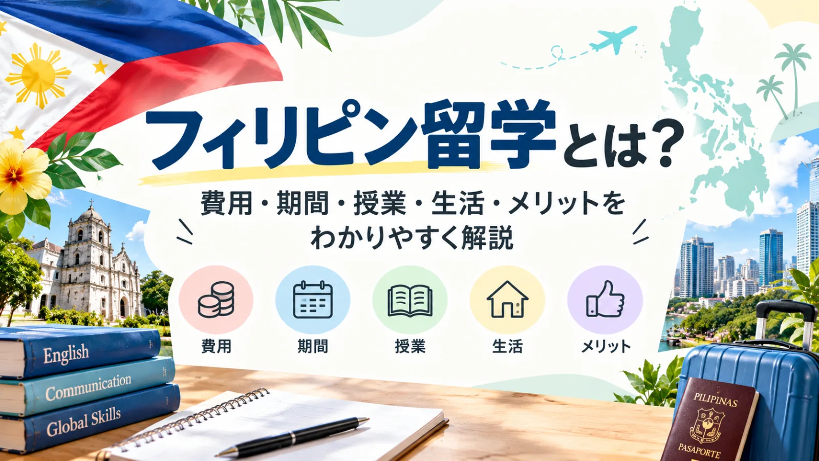 フィリピン留学の費用・期間・授業・生活・学校選びを初心者向けに解説するイメージ