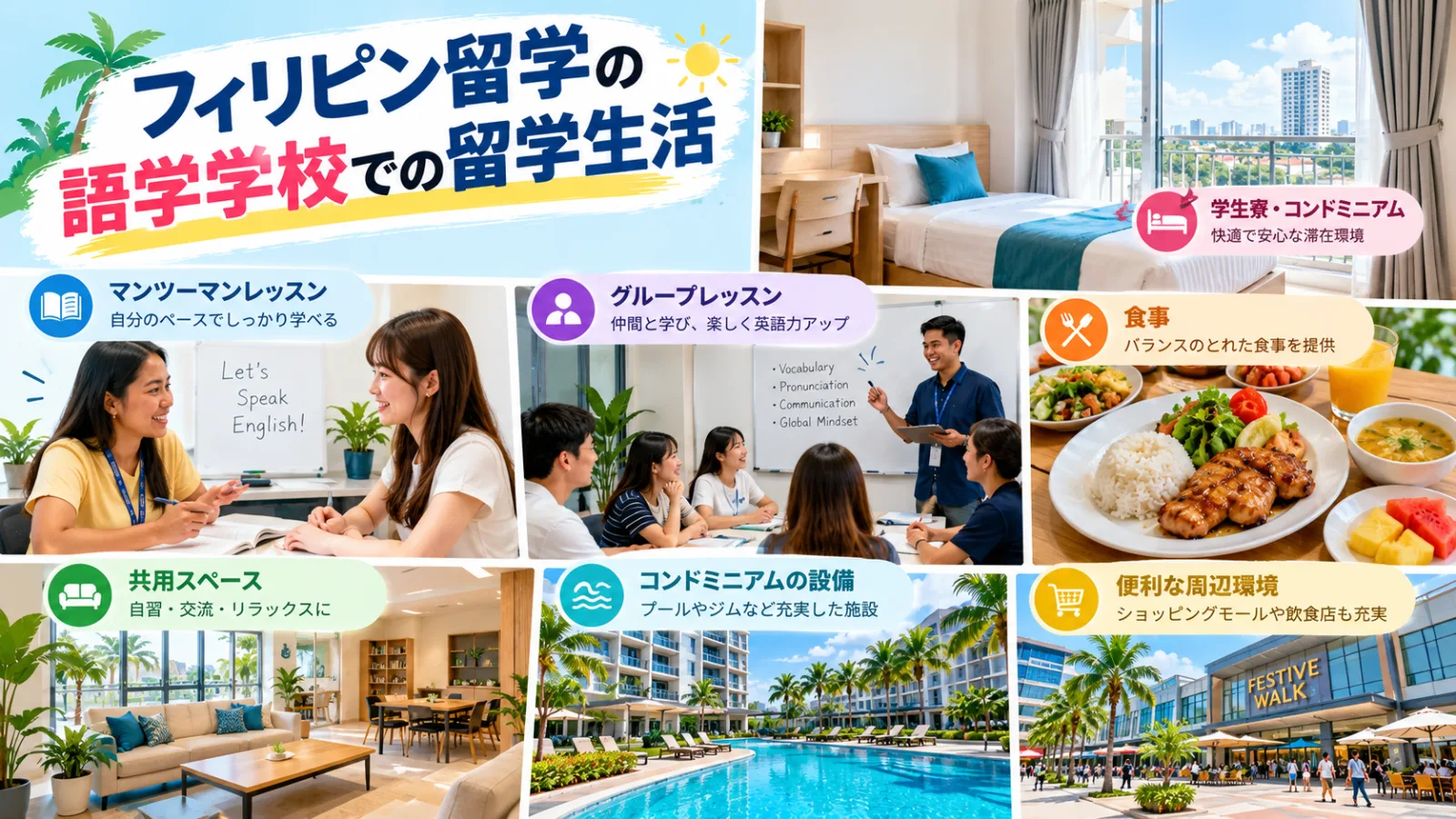 フィリピン語学学校のマンツーマン授業・グループ授業・学生寮・食事・共用施設などを紹介する留学生活のイメージ