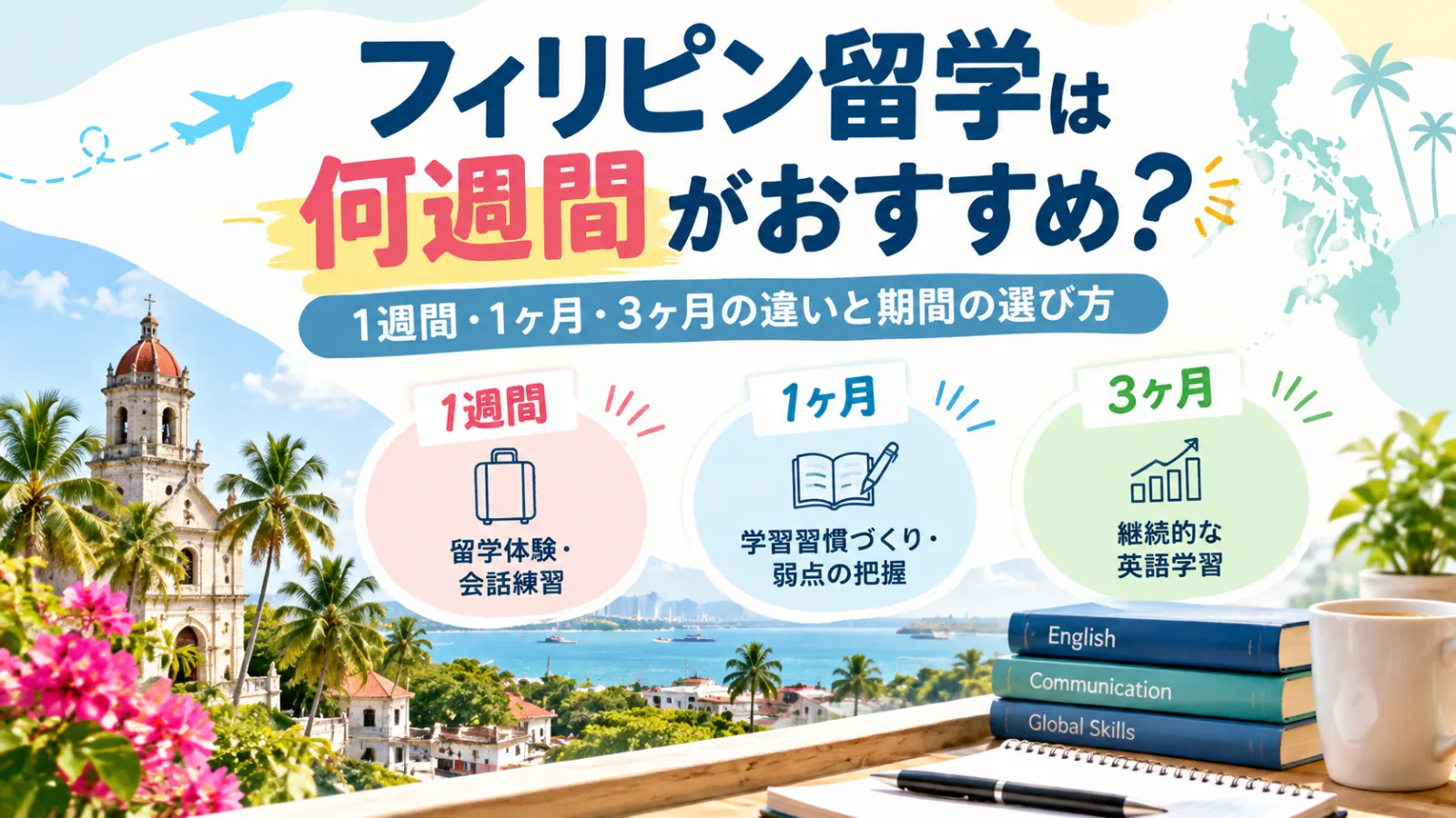 フィリピン留学は何週間がおすすめ？1週間・1ヶ月・3ヶ月の違いと期間の選び方