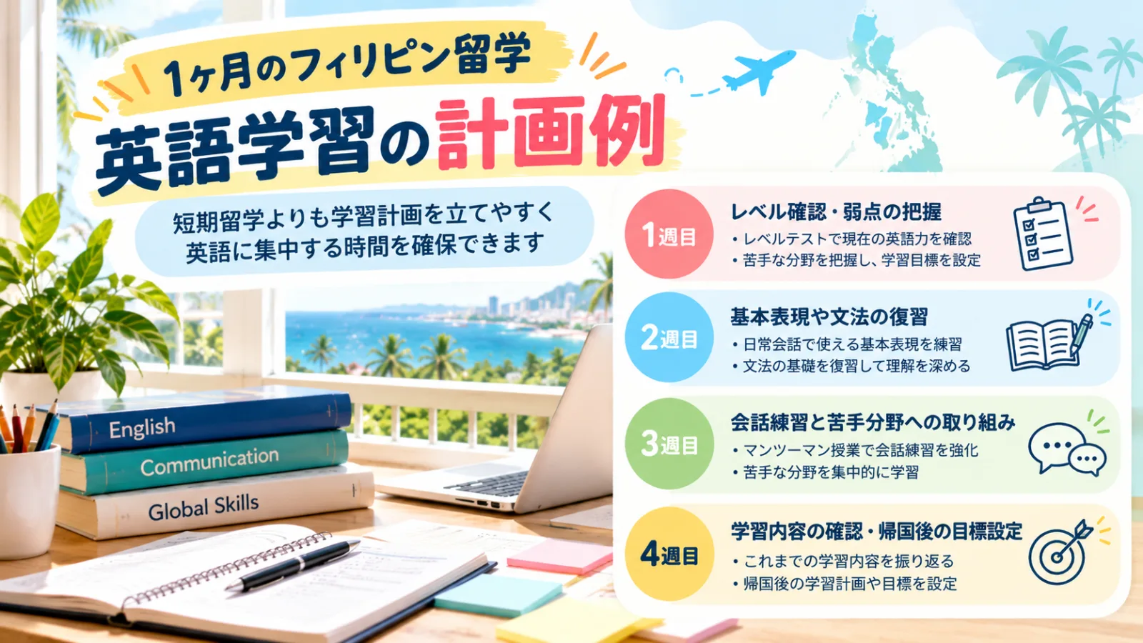 フィリピン留学1ヶ月間の英語学習計画例。1週目のレベル確認から4週目の振り返りまでを紹介する図解