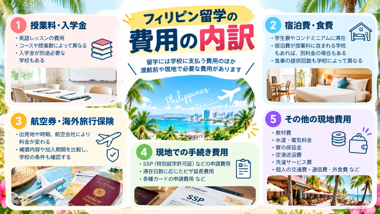 フィリピン留学の費用の内訳を、授業料・入学金・宿泊費・食費・航空券・海外旅行保険・現地手続き費用・生活費に分けて解説する図解