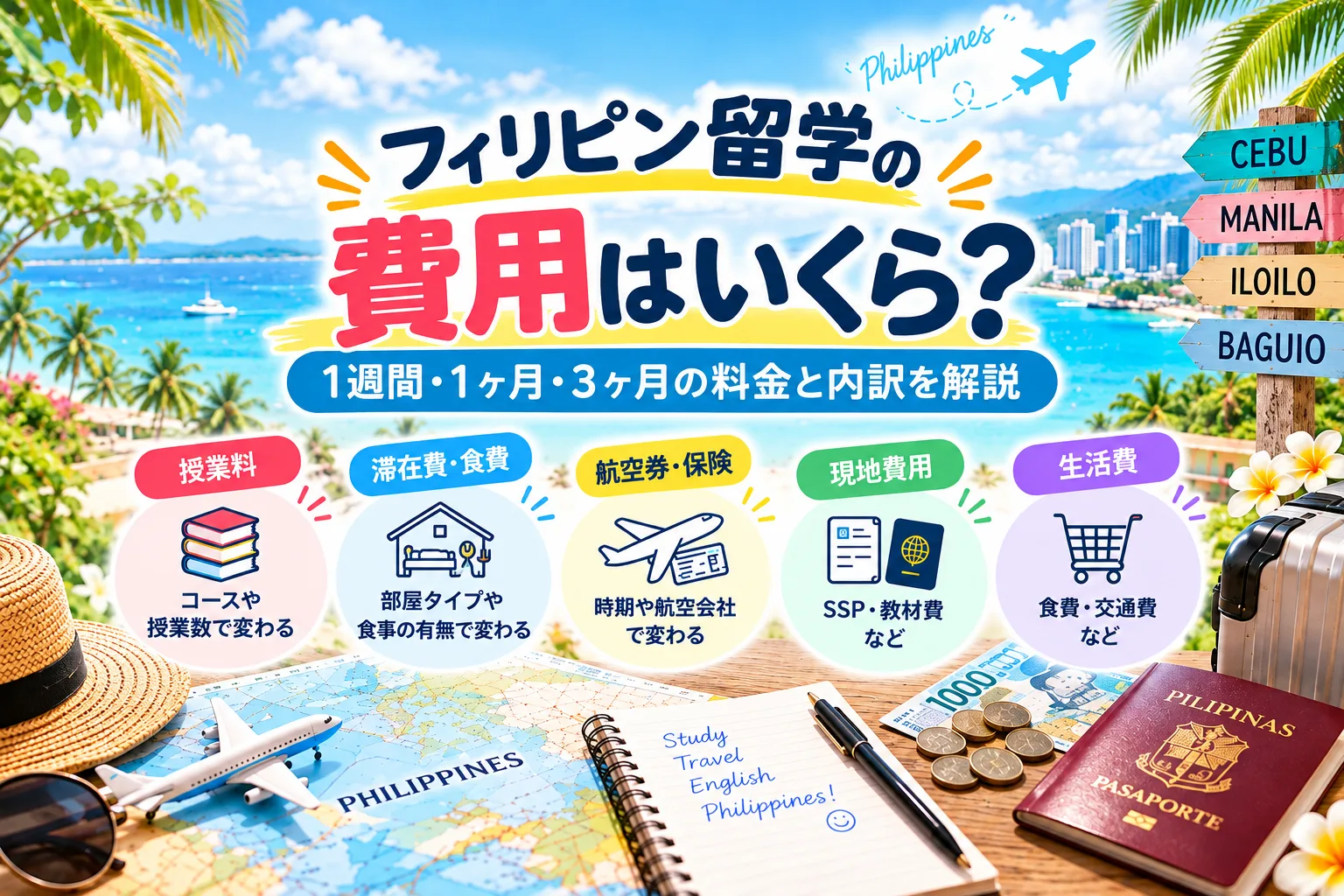 フィリピン留学の費用はいくら？1週間・1ヶ月・3ヶ月の料金と内訳を解説